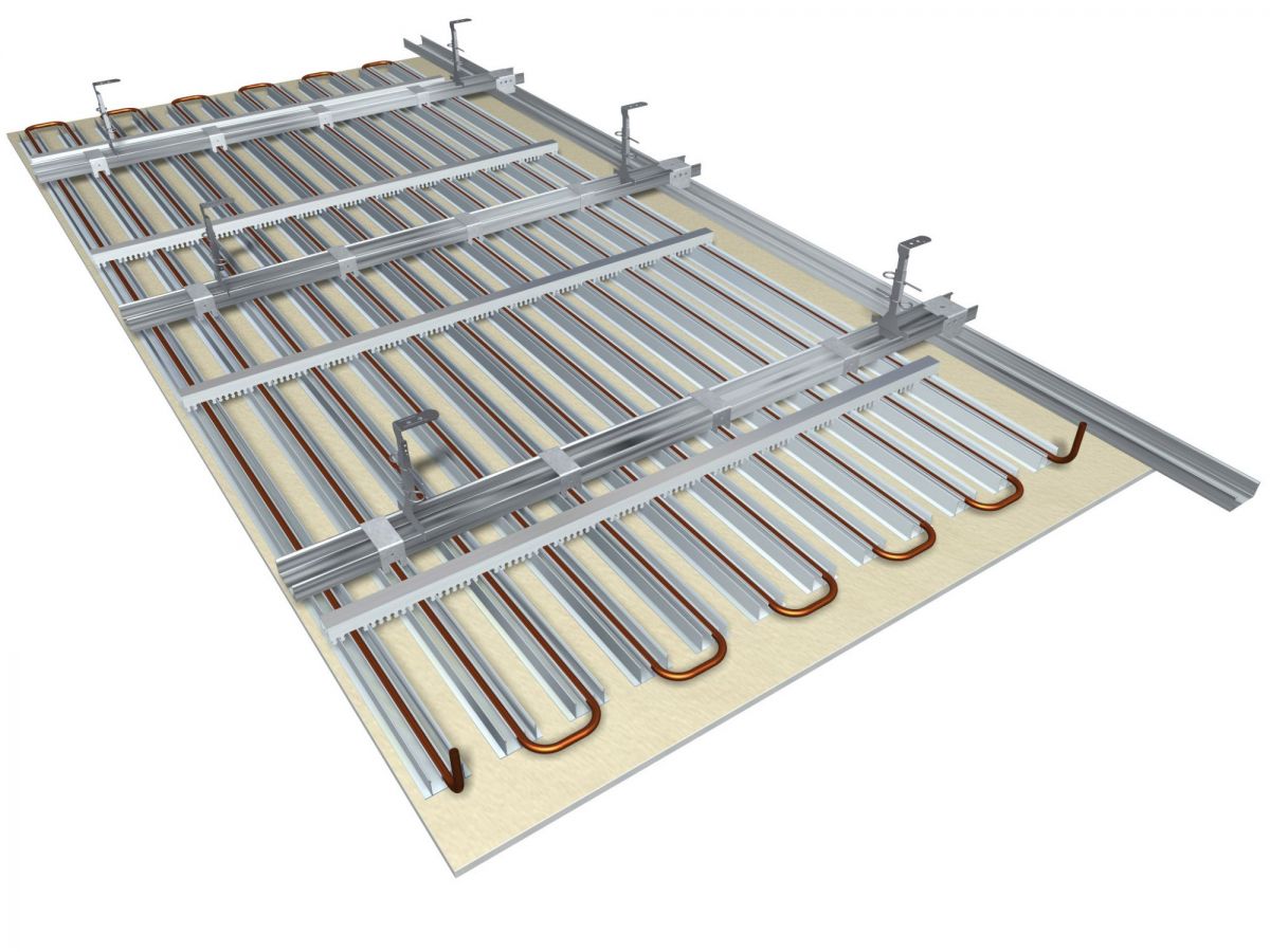 Sound-absorbing radiant plasterboard false ceiling