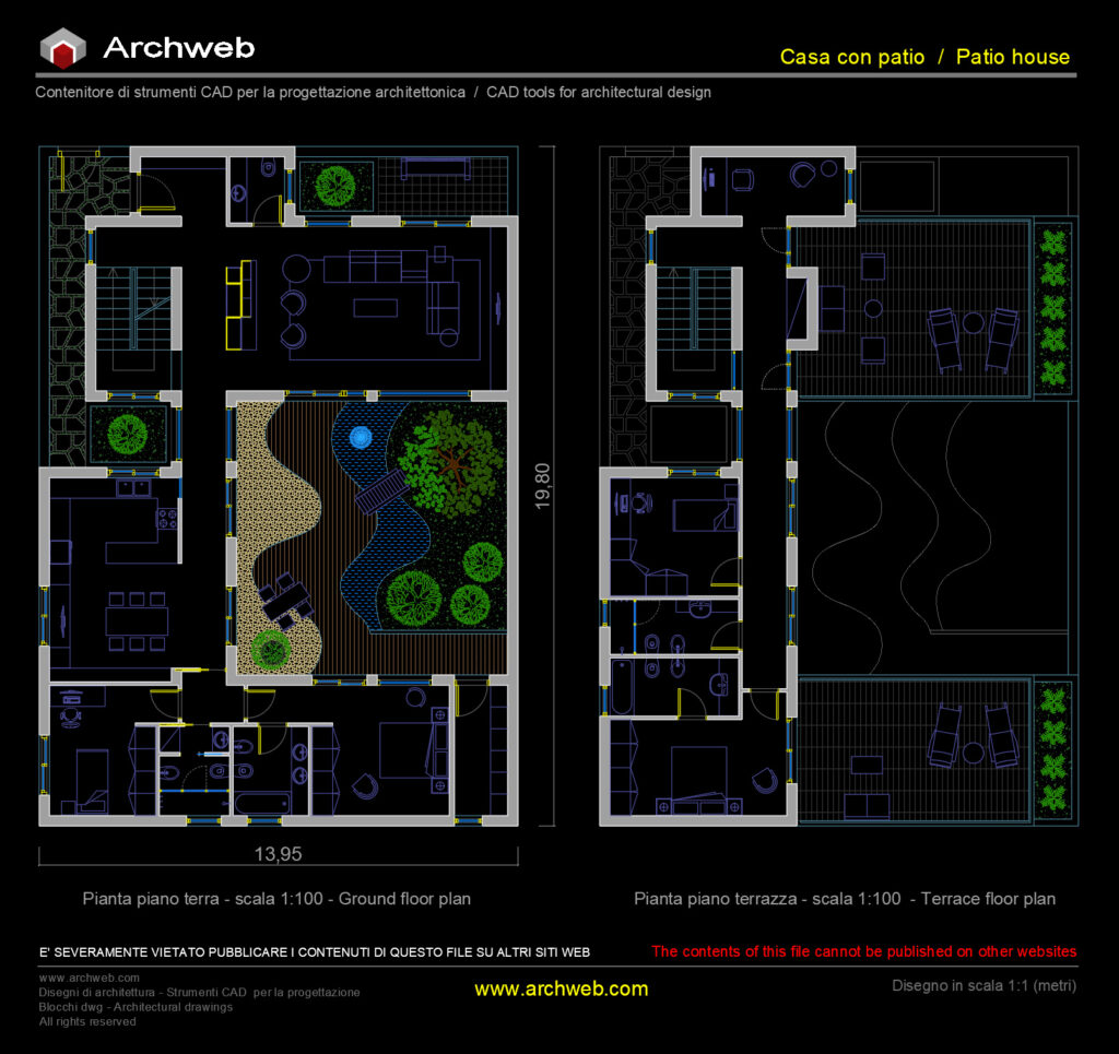Casa con patio 26 - Disegno CAD in scala 1:100 - Archweb