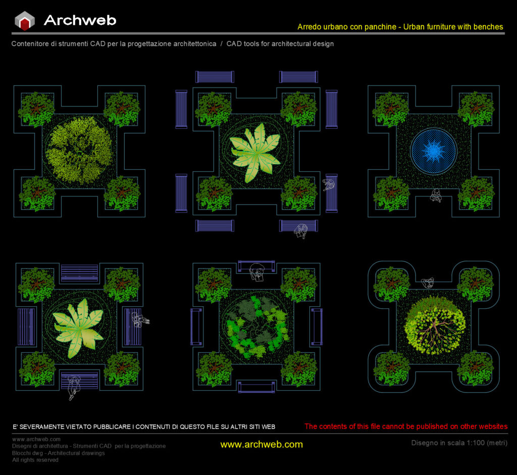 Urban furniture: flowerbeds with benches. Archweb cad drawing