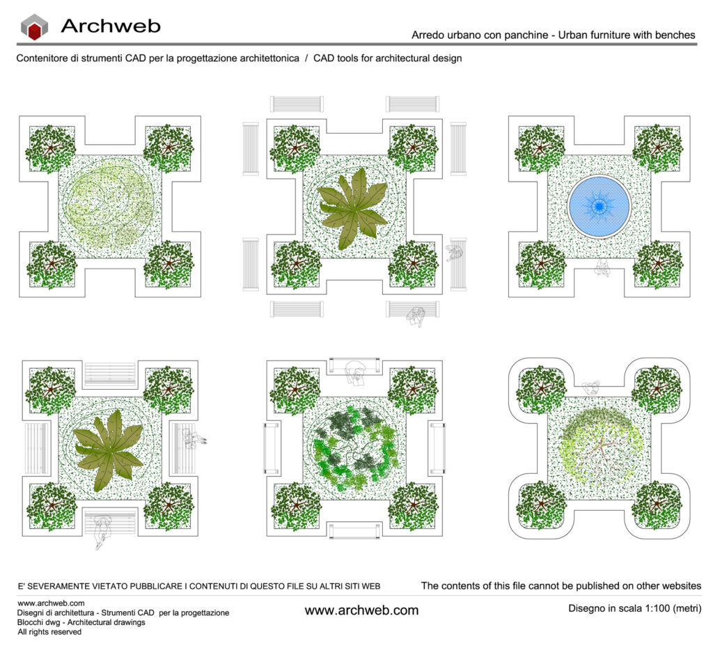 Urban furniture: flowerbeds with benches. Archweb dwg drawing