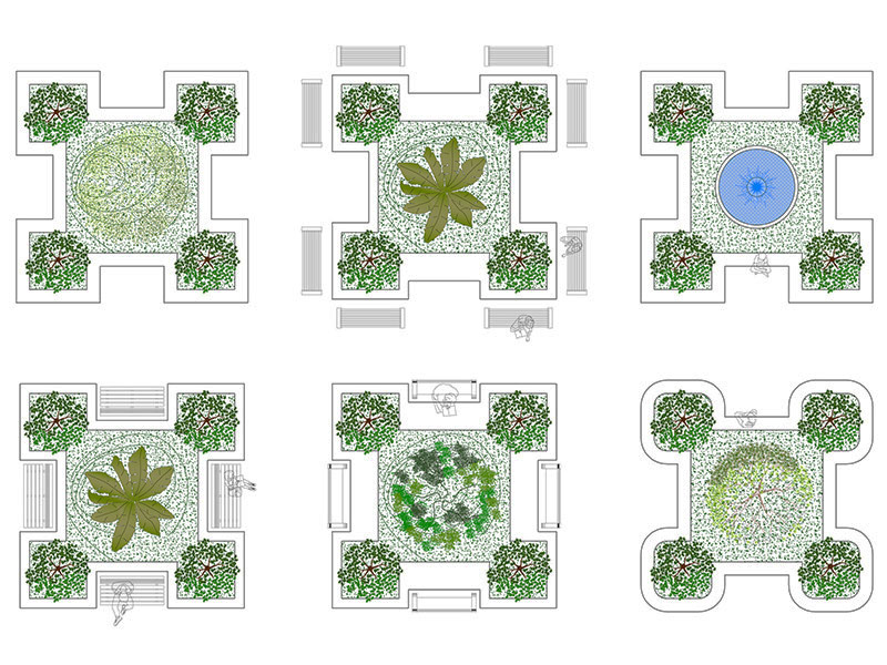 Urban furniture: flowerbeds with benches. Archweb dwg drawing preview