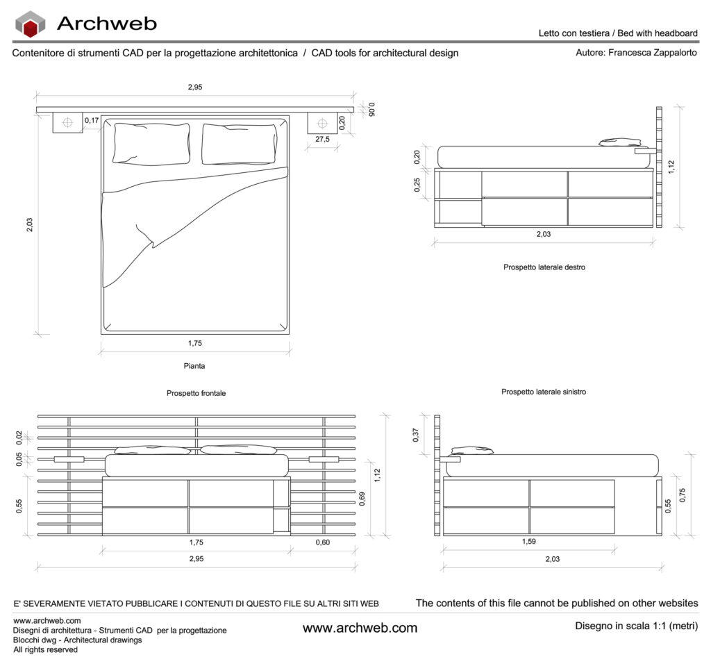 Bed with headboard 01 dwg Archweb