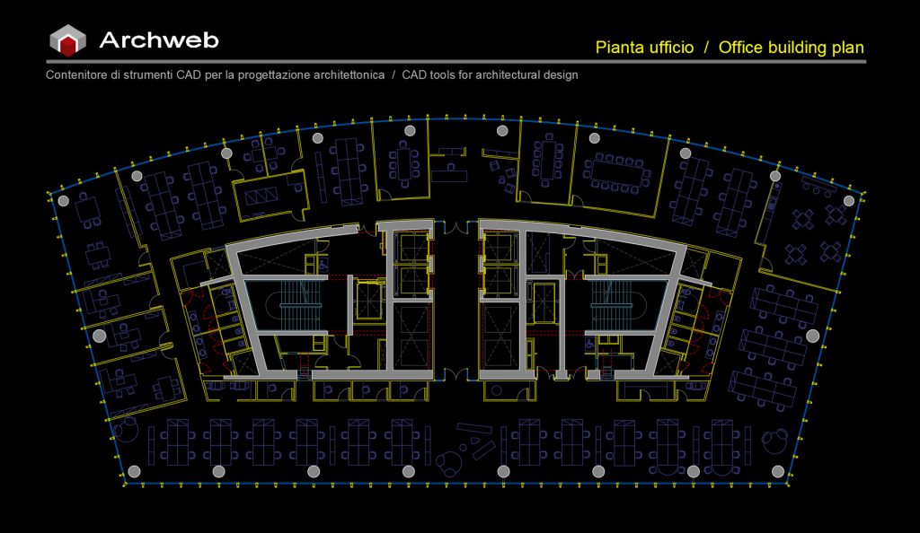 Office scheme 19 cad. Office-type floor plan with central block with vertical connections and open space operational area. Archweb dwg