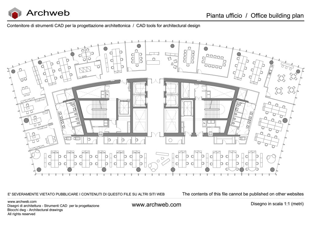 Office scheme 19 dwg. Office-type floor plan with central block with vertical connections and open space operational area. Archweb dwg