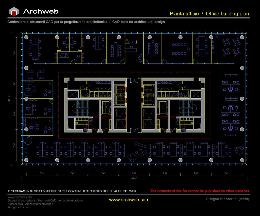 Office scheme 20 cad with open space operational area and several meeting rooms and offices. Central stair block.