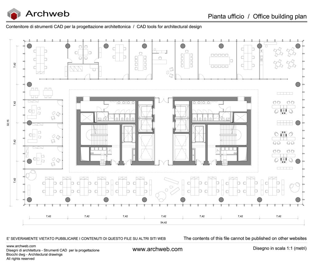 Office diagram 20 dwg with open space operational area and several meeting rooms and offices. Central stair block.