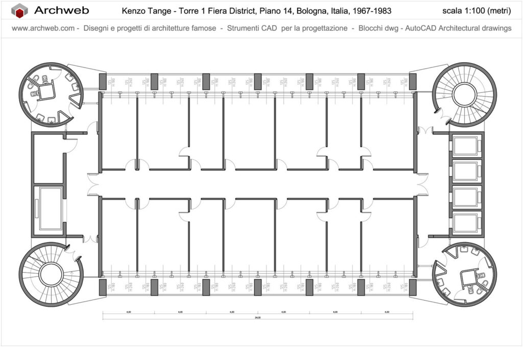 Pianta della torre di Kenzo Tange nel Centro Direzionale Fiera District di Bologna